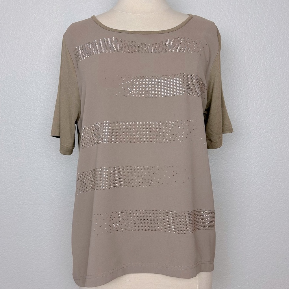 Raffeallo Top Women's L Tan Short Sleeve Studded Embellished Made In Italy Shirt
